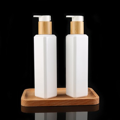 New style 250ml square shape bamboo lotion pump bottle white cosmetic bamboo shampoo bottles